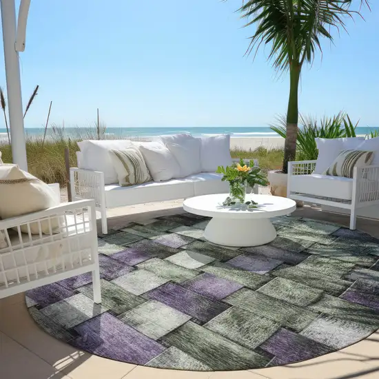 8' Sage And Purple Round Striped Washable Indoor Outdoor Area Rug Photo 5