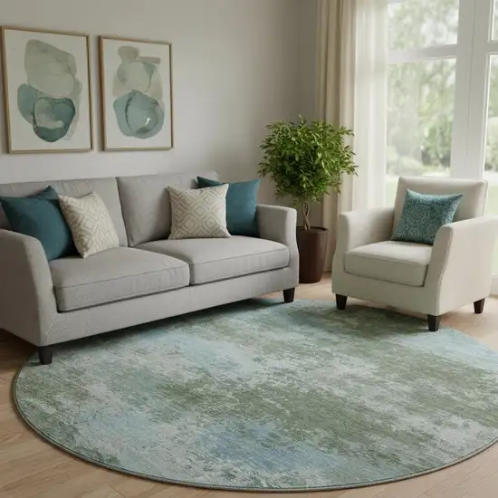 8' Sage And Sky Blue Abstract Washable Round Rug With UV Protection Photo 2