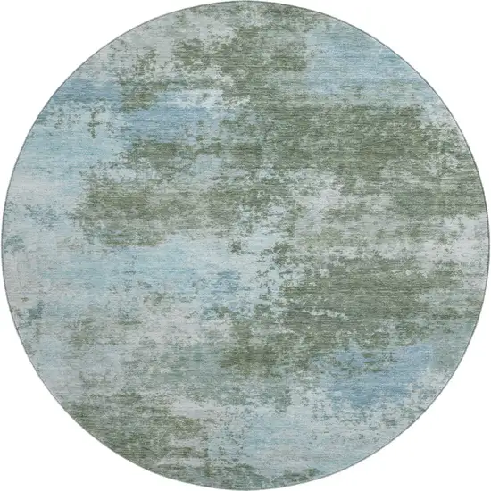 8' Sage And Sky Blue Abstract Washable Round Rug With UV Protection Photo 1