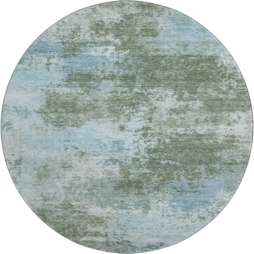 8' Sage And Sky Blue Abstract Washable Round Rug With UV Protection Photo 1