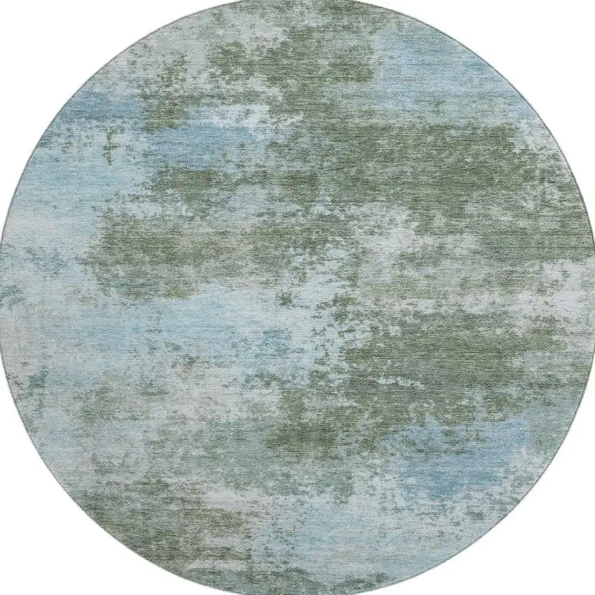 8' Sage And Sky Blue Abstract Washable Round Rug With UV Protection Photo 4