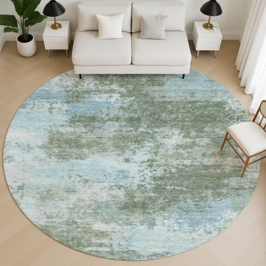 8' Sage And Sky Blue Abstract Washable Round Rug With UV Protection Photo 5
