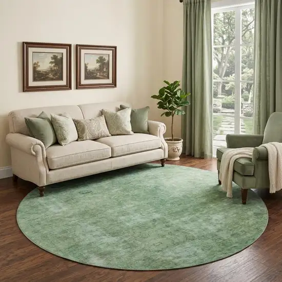 8' Sage And Teal Abstract Washable Round Rug With UV Protection Photo 1