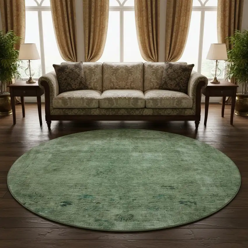 8' Sage And Teal Abstract Washable Round Rug With UV Protection Photo 2