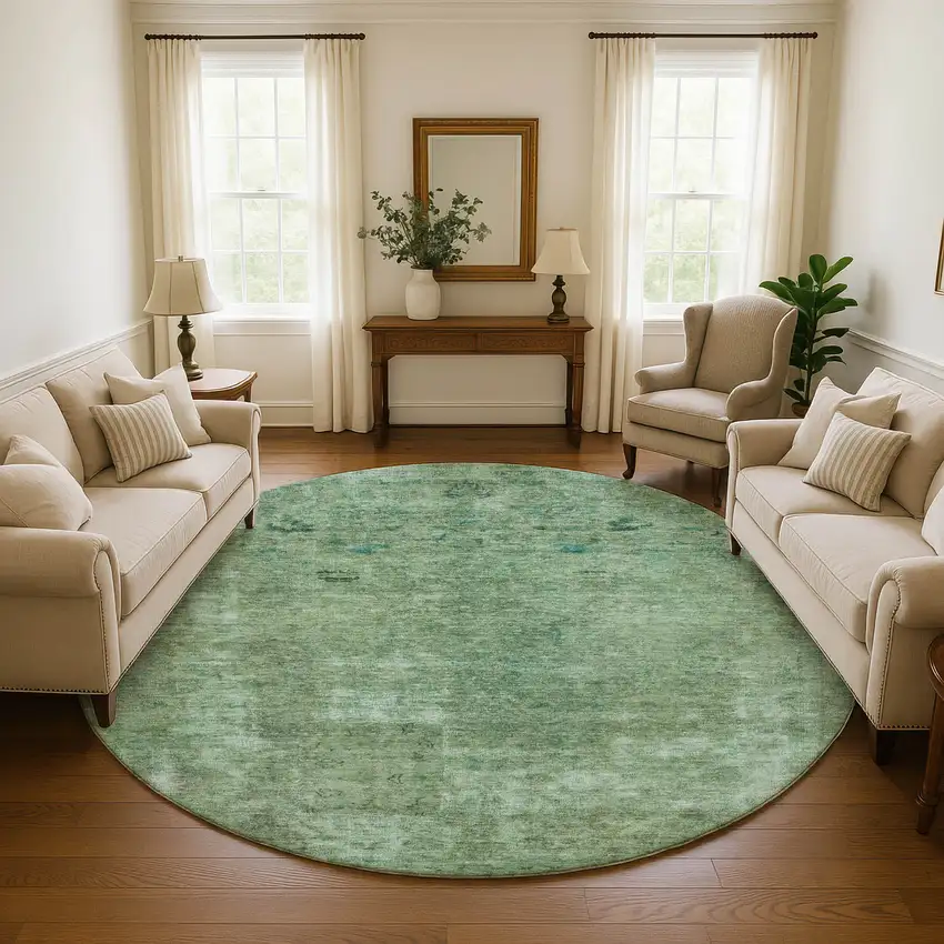 8' Sage And Teal Abstract Washable Round Rug With UV Protection Photo 4