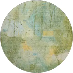 Photo of 8' Sage And Teal Abstract Washable Round Rug With UV Protection