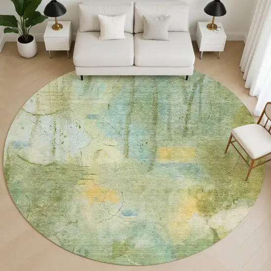 8' Sage And Teal Abstract Washable Round Rug With UV Protection Photo 5