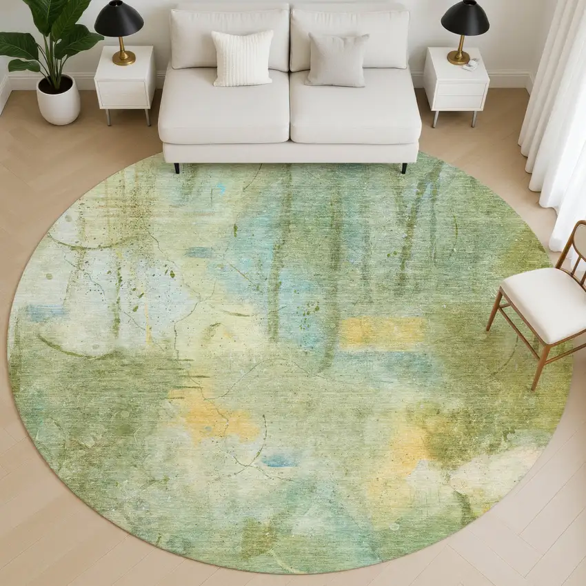 8' Sage And Teal Abstract Washable Round Rug With UV Protection Photo 5