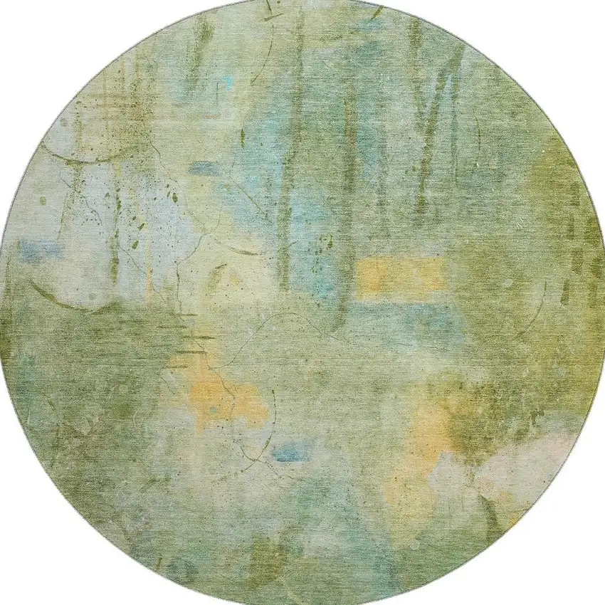 8' Sage And Teal Abstract Washable Round Rug With UV Protection Photo 3