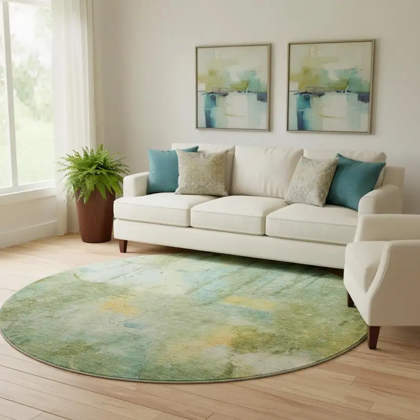 8' Sage And Teal Abstract Washable Round Rug With UV Protection Photo 2