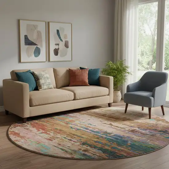 8' Sage And Teal Abstract Washable Round Rug With UV Protection Photo 2