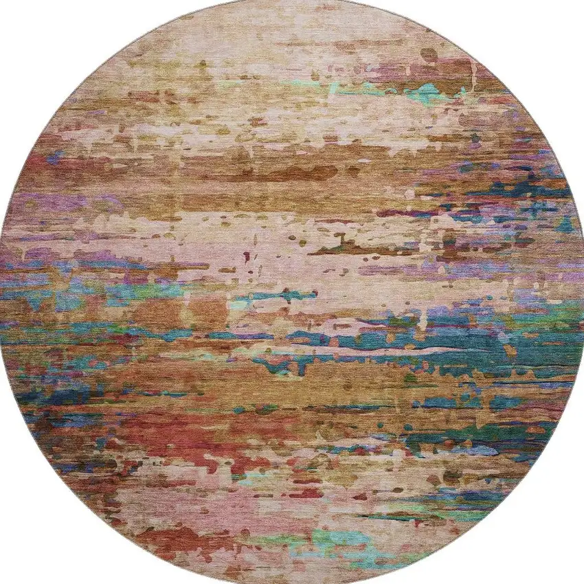 8' Sage And Teal Abstract Washable Round Rug With UV Protection Photo 4