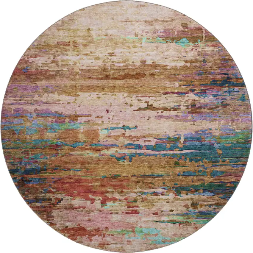 8' Sage And Teal Abstract Washable Round Rug With UV Protection Photo 1