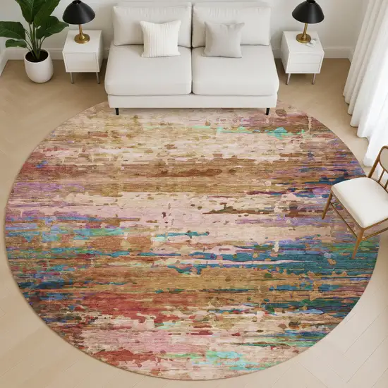 8' Sage And Teal Abstract Washable Round Rug With UV Protection Photo 5