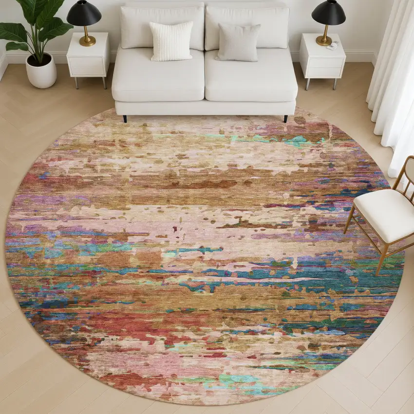 8' Sage And Teal Abstract Washable Round Rug With UV Protection Photo 5