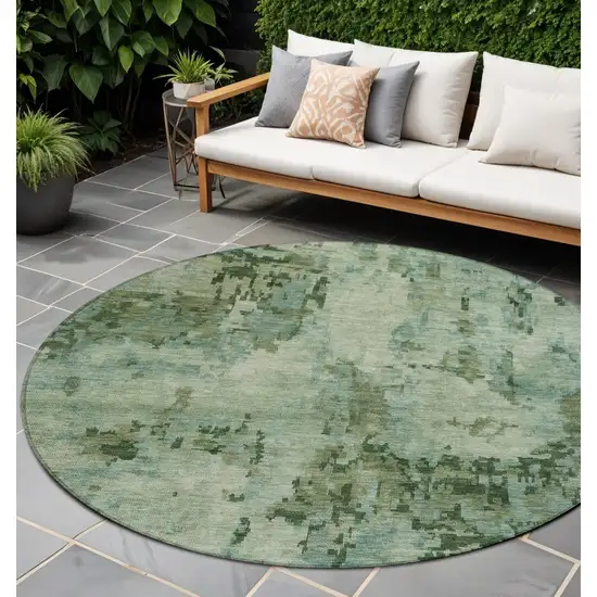 8' Sage And Teal Blue Round Abstract Washable Indoor Outdoor Area Rug Photo 1