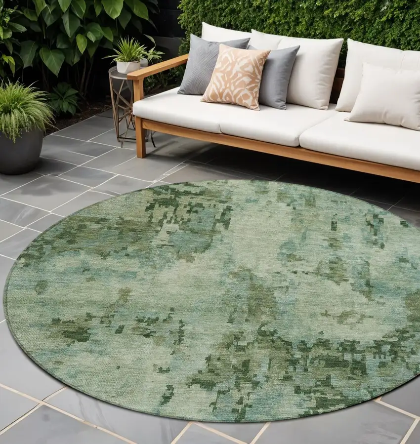 8' Sage And Teal Blue Round Abstract Washable Indoor Outdoor Area Rug Photo 1
