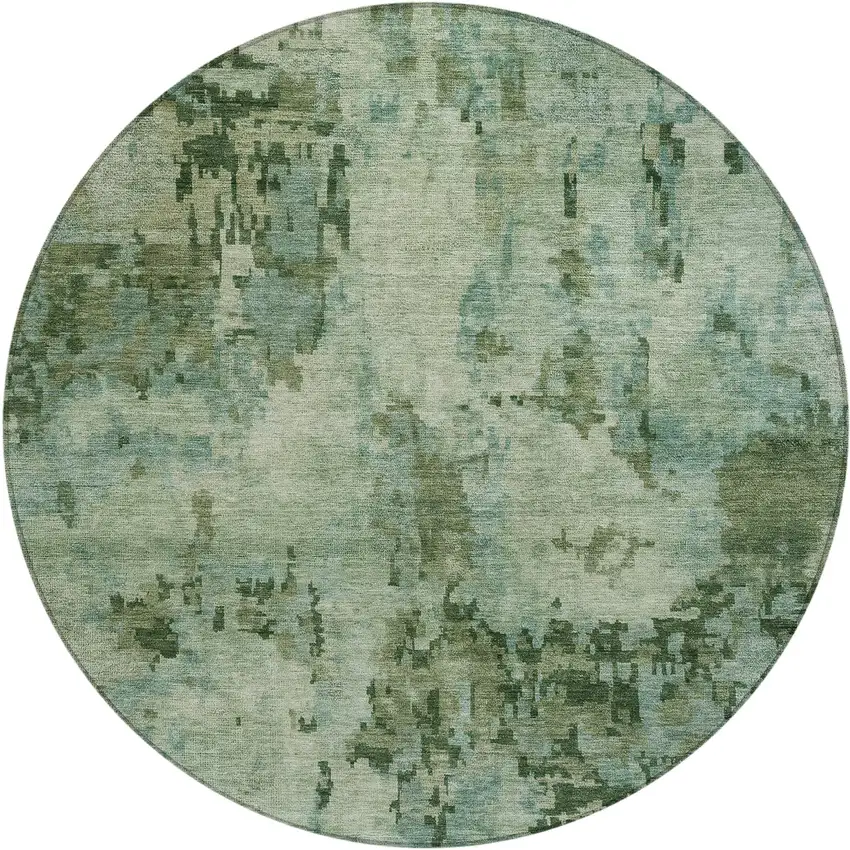 8' Sage And Teal Blue Round Abstract Washable Indoor Outdoor Area Rug Photo 1