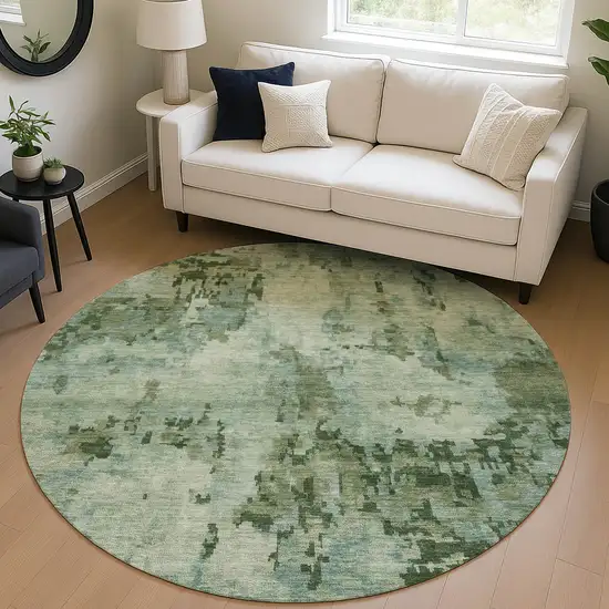 8' Sage And Teal Blue Round Abstract Washable Indoor Outdoor Area Rug Photo 5