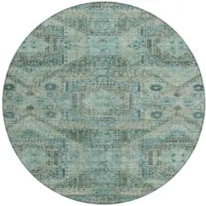 Photo of 8' Sage And Teal Blue Round Moroccan Washable Indoor Outdoor Area Rug