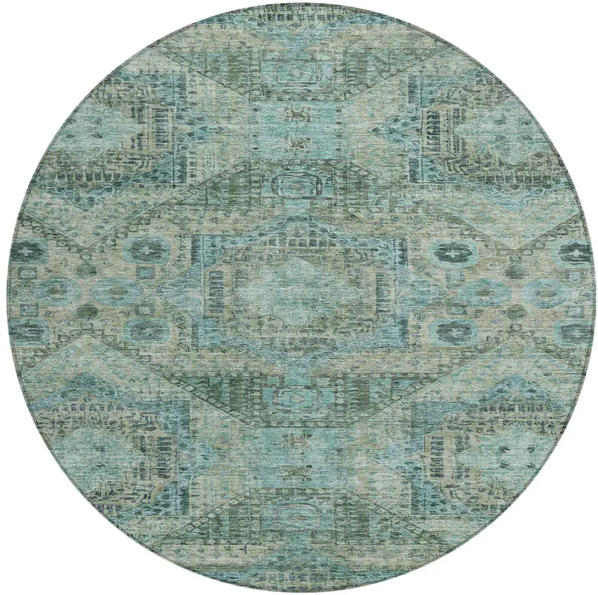 8' Sage And Teal Blue Round Moroccan Washable Indoor Outdoor Area Rug Photo 1
