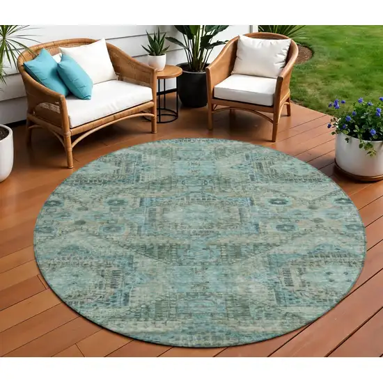 8' Sage And Teal Blue Round Moroccan Washable Indoor Outdoor Area Rug Photo 2