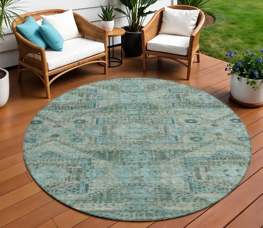 8' Sage And Teal Blue Round Moroccan Washable Indoor Outdoor Area Rug Photo 2