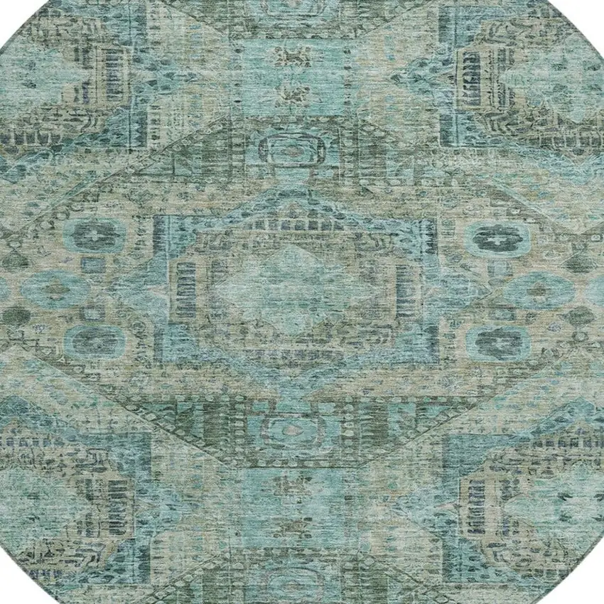 8' Sage And Teal Blue Round Moroccan Washable Indoor Outdoor Area Rug Photo 4