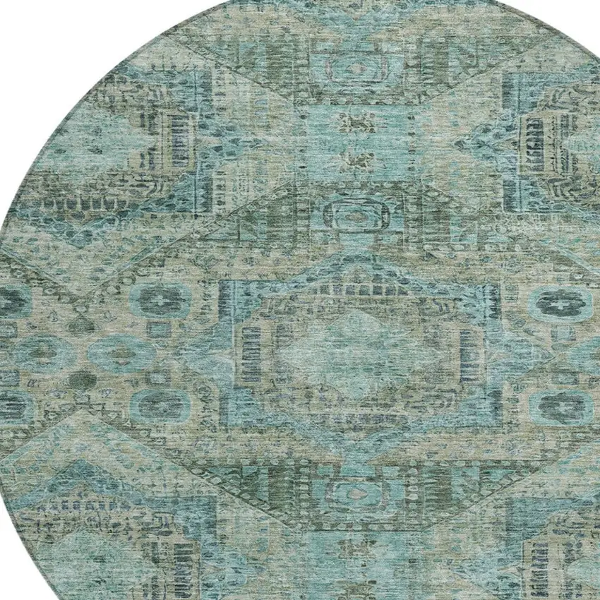 8' Sage And Teal Blue Round Moroccan Washable Indoor Outdoor Area Rug Photo 8