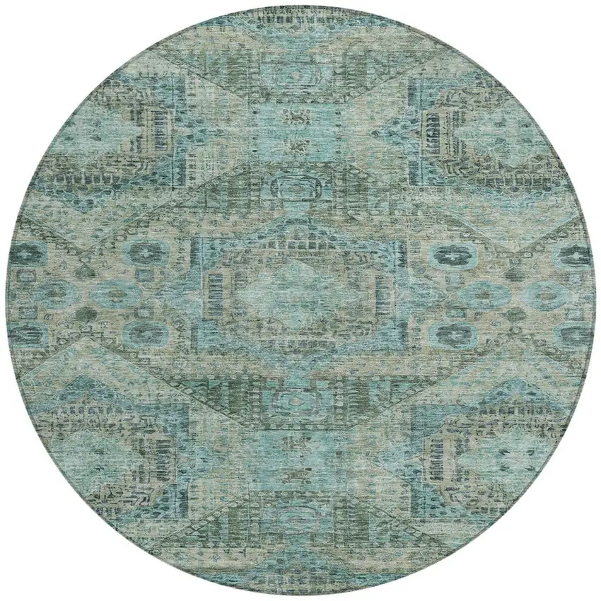 8' Sage And Teal Blue Round Moroccan Washable Indoor Outdoor Area Rug Photo 3