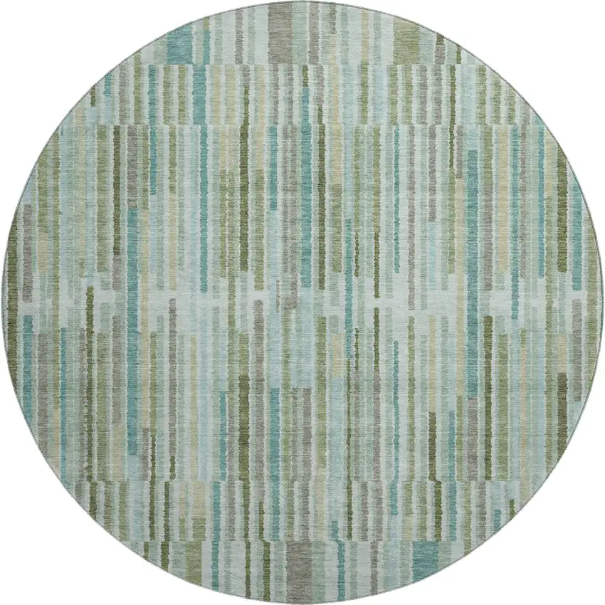8' Sage And Teal Striped Washable Round Rug With UV Protection Photo 1