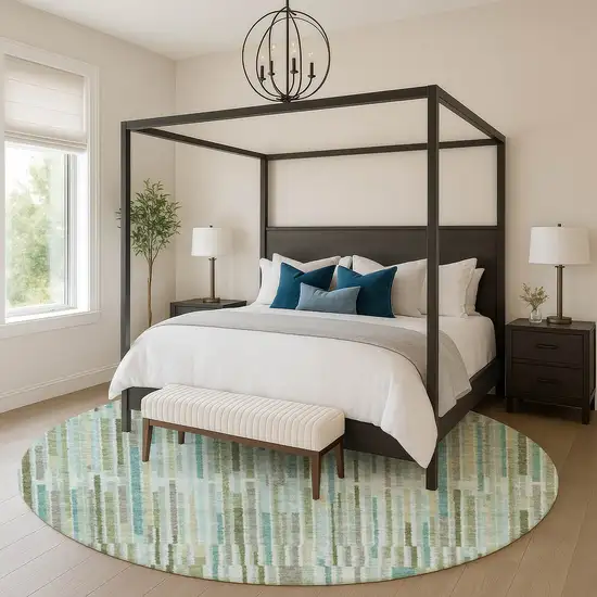 8' Sage And Teal Striped Washable Round Rug With UV Protection Photo 5