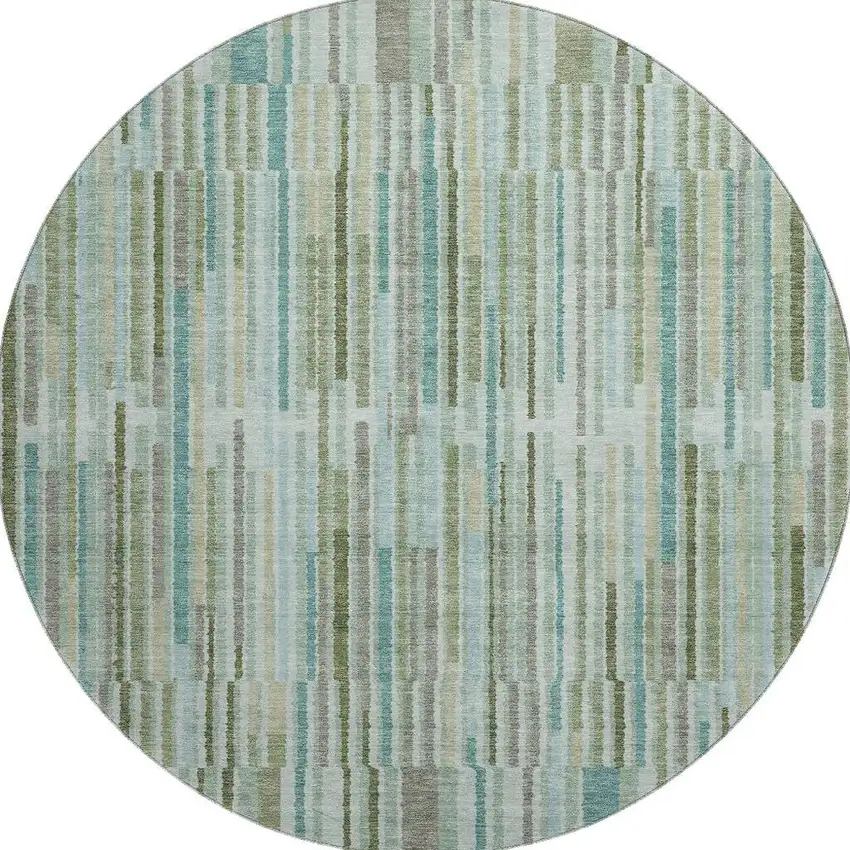 8' Sage And Teal Striped Washable Round Rug With UV Protection Photo 3
