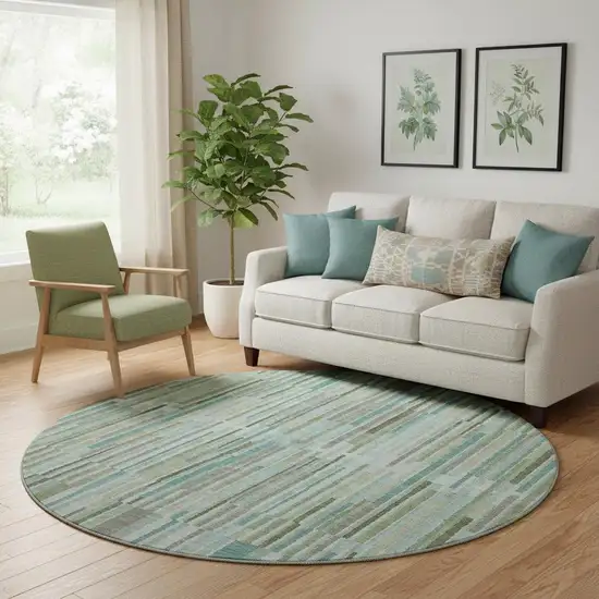 8' Sage And Teal Striped Washable Round Rug With UV Protection Photo 2