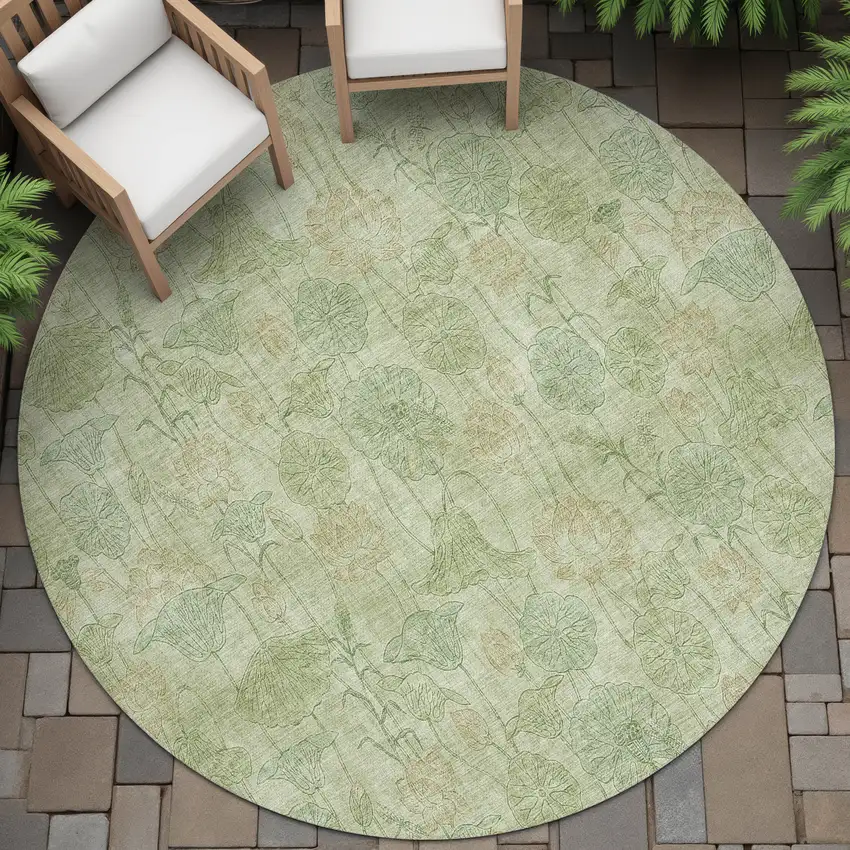 8' Sage And Wheat Round Floral Washable Indoor Outdoor Area Rug Photo 6