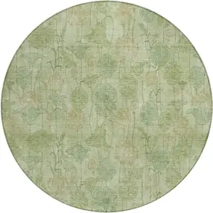 Photo of 8' Sage And Wheat Round Floral Washable Indoor Outdoor Area Rug