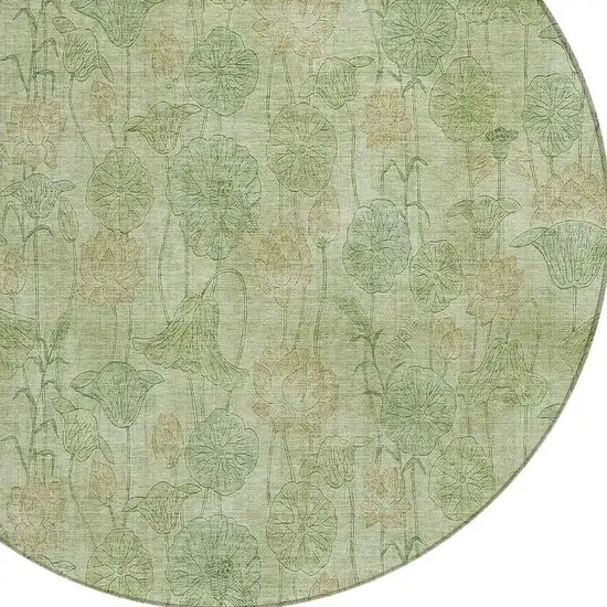 8' Sage And Wheat Round Floral Washable Indoor Outdoor Area Rug Photo 5