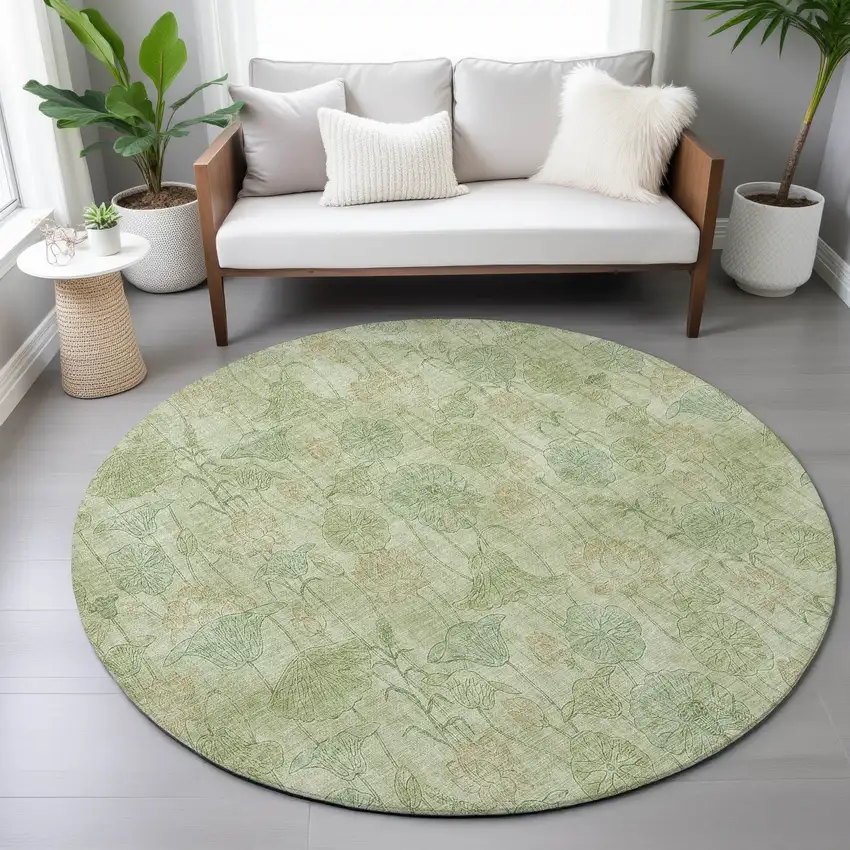 8' Sage And Wheat Round Floral Washable Indoor Outdoor Area Rug Photo 7