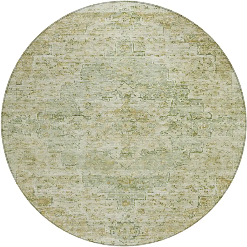 8' Sage And Wheat Round Medallion Washable Indoor Outdoor Area Rug Photo 1