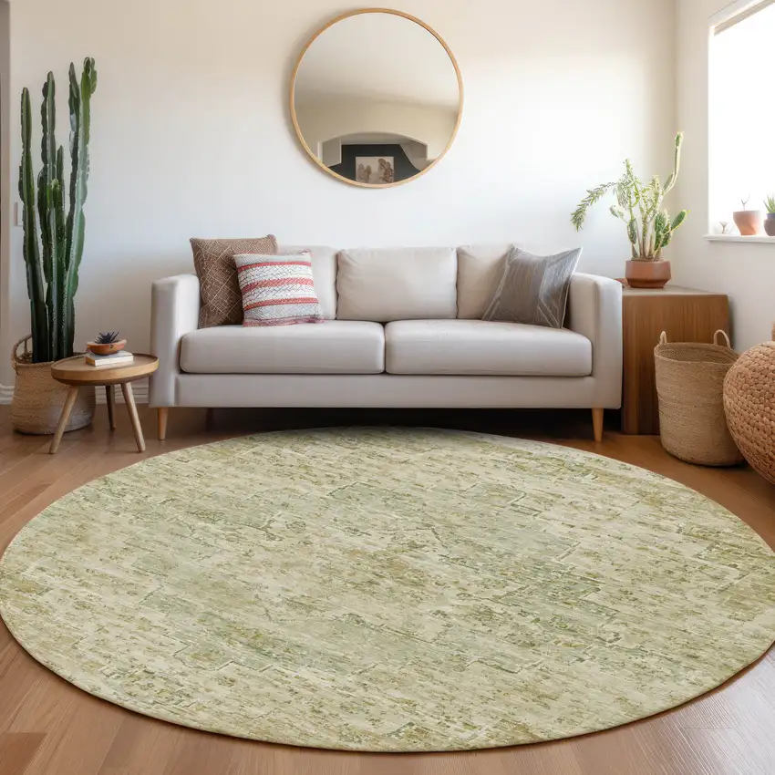 8' Sage And Wheat Round Medallion Washable Indoor Outdoor Area Rug Photo 7