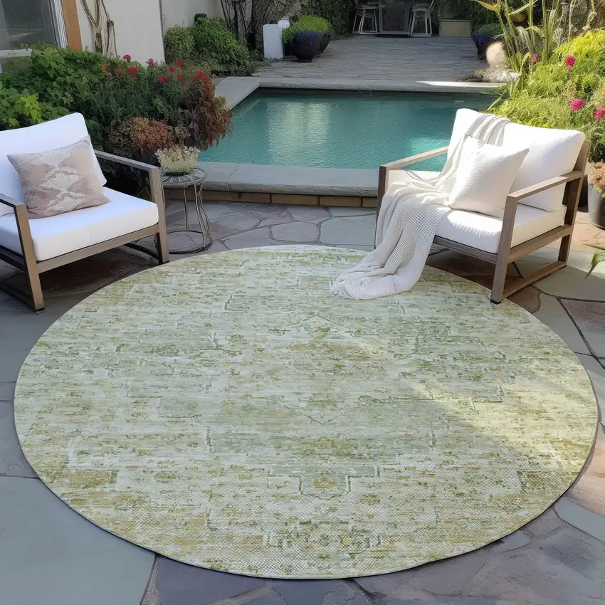 8' Sage And Wheat Round Medallion Washable Indoor Outdoor Area Rug Photo 6