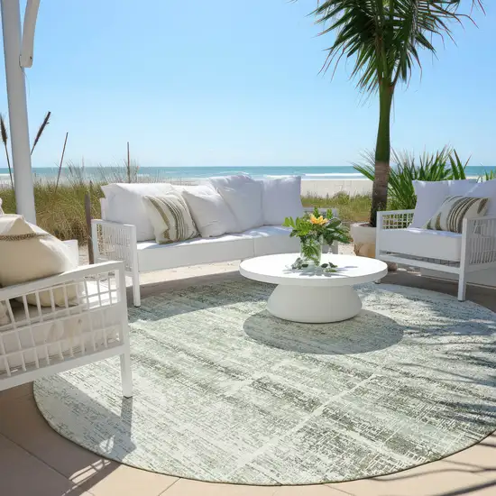 8' Sage Artichoke Green And Ivory Round Abstract Washable Indoor Outdoor Area Rug Photo 5