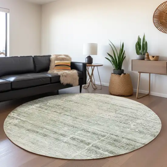 8' Sage Artichoke Green And Ivory Round Abstract Washable Indoor Outdoor Area Rug Photo 5