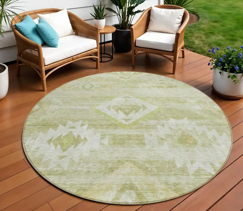 8' Sage Artichoke Green And Mint Green Round Southwestern Washable Indoor Outdoor Area Rug Photo 1