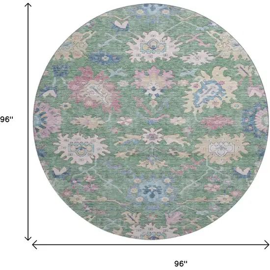 8' Sage Beige And Blue Floral Washable Round Rug With UV Protection Photo 9