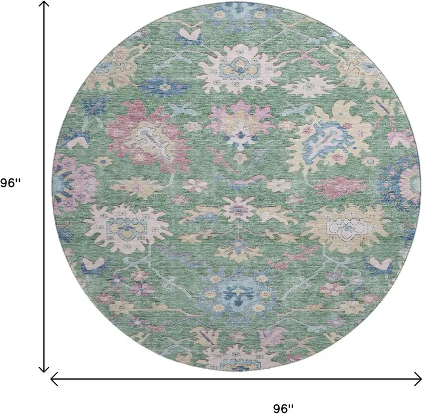 8' Sage Beige And Blue Floral Washable Round Rug With UV Protection Photo 9