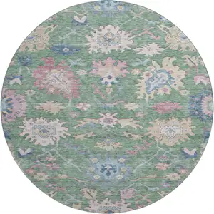 Photo of 8' Sage Beige And Blue Floral Washable Round Rug With UV Protection