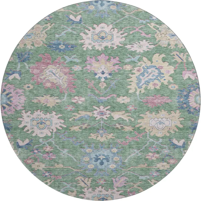 8' Sage Beige And Blue Floral Washable Round Rug With UV Protection Photo 1