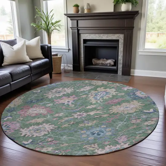 8' Sage Beige And Blue Floral Washable Round Rug With UV Protection Photo 4