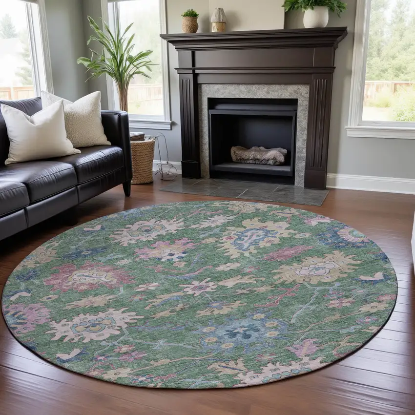 8' Sage Beige And Blue Floral Washable Round Rug With UV Protection Photo 4